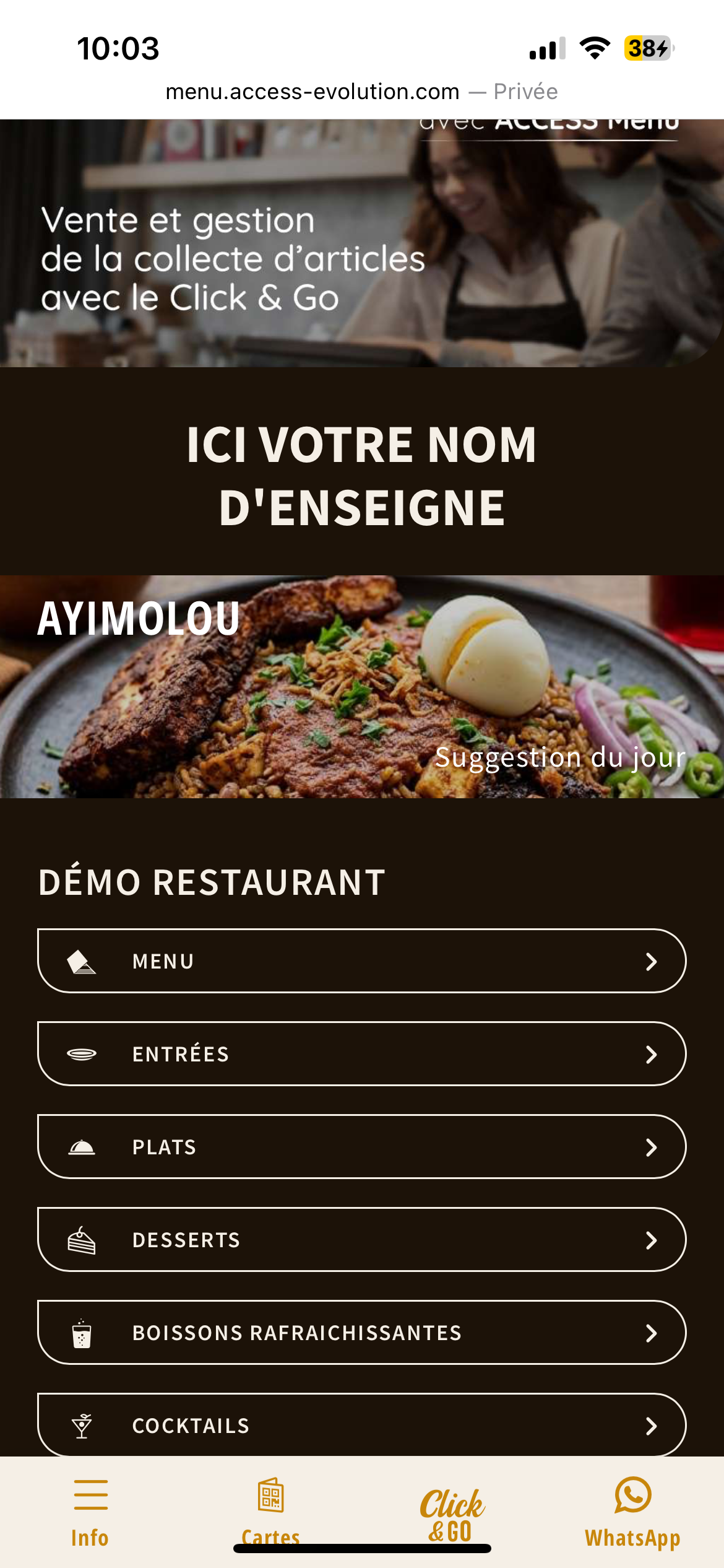 Écran ACCESS Menu — détail d'un plat